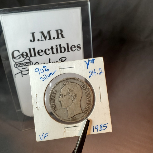 Circulated 1935 VENEZUELA 5 BOLIVARES .900 Silver Crown CoinY#24.2